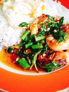 รูปของ ข้าวกะเพรากุ้งใหญ่ไข่ดาว