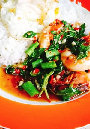 รูปของ ข้าวกะเพรากุ้งใหญ่ไข่ดาว