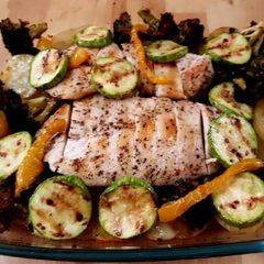 A picture of Grilled Chicken with roasted vegetables.