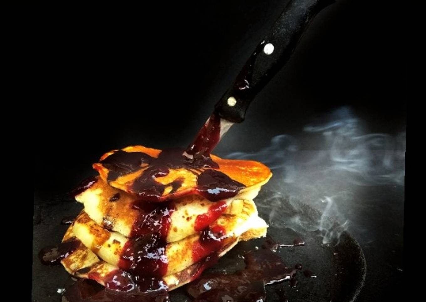 Halloween Spooky soul representing Banana Pancakes with Strawberry Sauce: