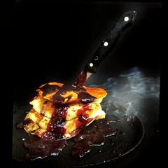 Halloween Spooky soul representing Banana Pancakes with Strawberry Sauce: A picture of Halloween Spooky soul representing Banana Pancakes with Strawberry Sauce:.