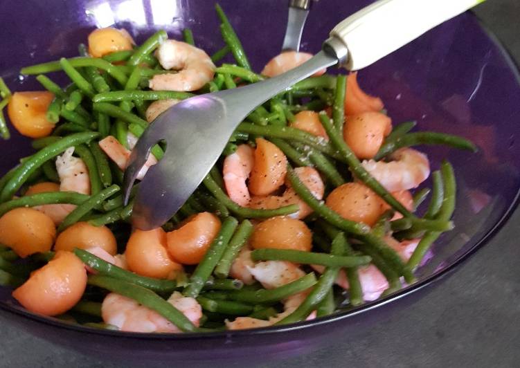 Pas a Preparer Fait maison Salade de haricots verts au melon et aux crevettes