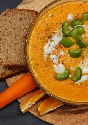 A picture of Creamy carrot and orange soup.