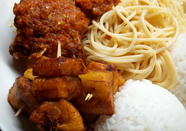 Rice,spagetti fried plantain with beef