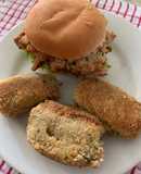 Hamburguesa de pollo y croquetas de papa