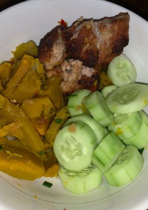 Hình của món Chả cá chiên với dầu dừa+bí đỏ+dưa leo (eat clean, giảm cân).