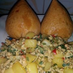 Potato egg souce with moi moi A picture of Potato egg souce with moi moi.