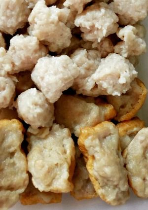 A picture of Chicken Meat Balls (Bakso Ayam) and Chicken Tofu (Tahu Bakso).