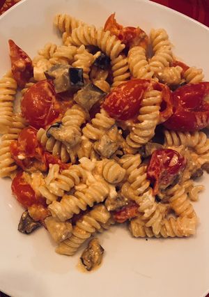 A picture of Fusilli with Eggplant, Feta, and Cherry Tomatoes.
