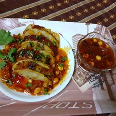 A picture of Mexican rice Tacos with dry fruits chutney.