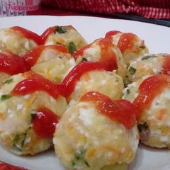 Uzbekistan Potato Salad Ball with Tomato Sauce A picture of Uzbekistan Potato Salad Ball with Tomato Sauce.