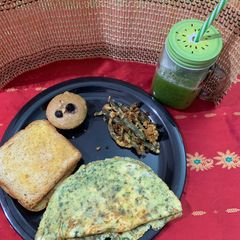A picture of English breakfast(whole wheat blueberry walnut muffin omelette airfried beans and cucumber juice).