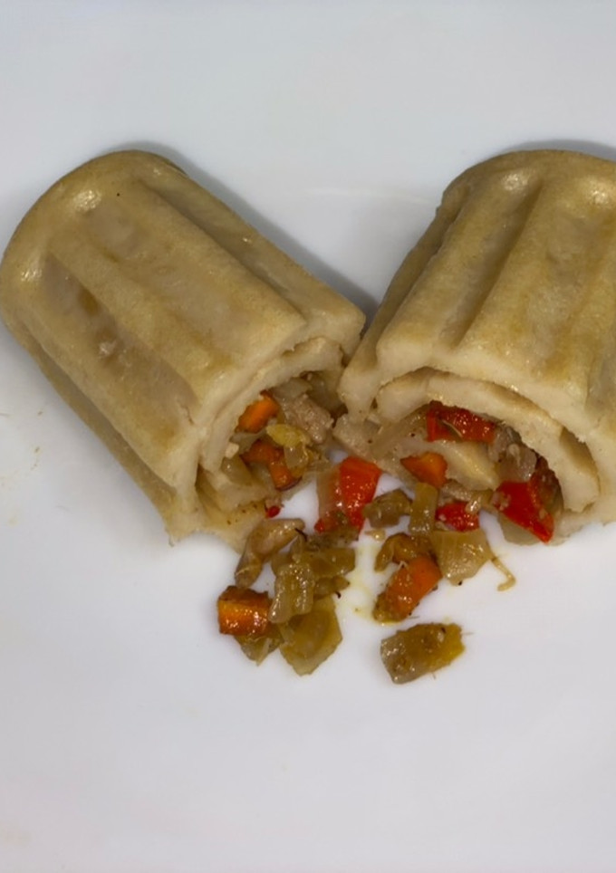 A picture of Title:Chicken pancake wrap.