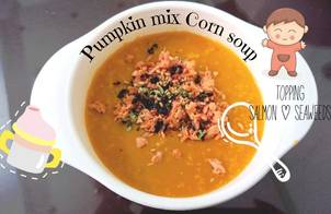 Pumpkin mix Corn Seafood soup - Súp bắp bí đỏ cá hồi