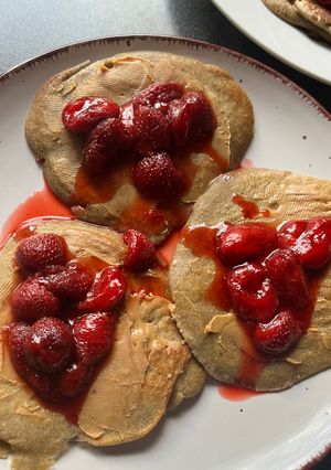 A picture of Strawberry Peanut Butter Protein Pancakes.