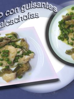 Una foto de Bacalao con alcachofas y guisantes