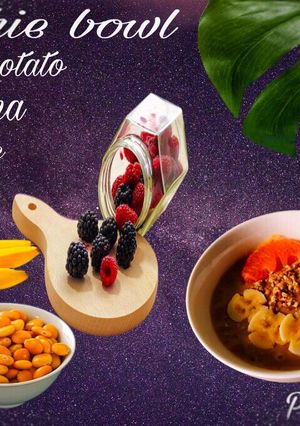 Hình của món Smoothie bowl(Khoai mật, yến mạch,chuối, cam)Topping hạt dinh dưỡng.