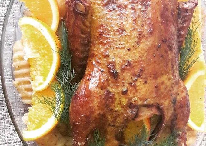 Утка с яблоками и апельсином, запечённая в рукаве