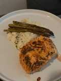 Pan-seared salmon with mashed potatoes and roasted asparagus