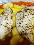 Pisto y pescado blanco con patatas. Menú en Thermomix