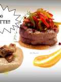 Filetto di vitello con salsa di peperoni e purè di funghi porcini con patata