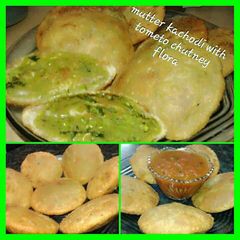 A picture of Matar kachori with tomato chutney.