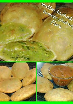 A picture of Matar kachori with tomato chutney.