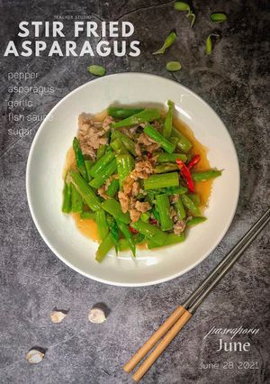 A picture of Stir-Fried Asparagus with Ground Pork.
