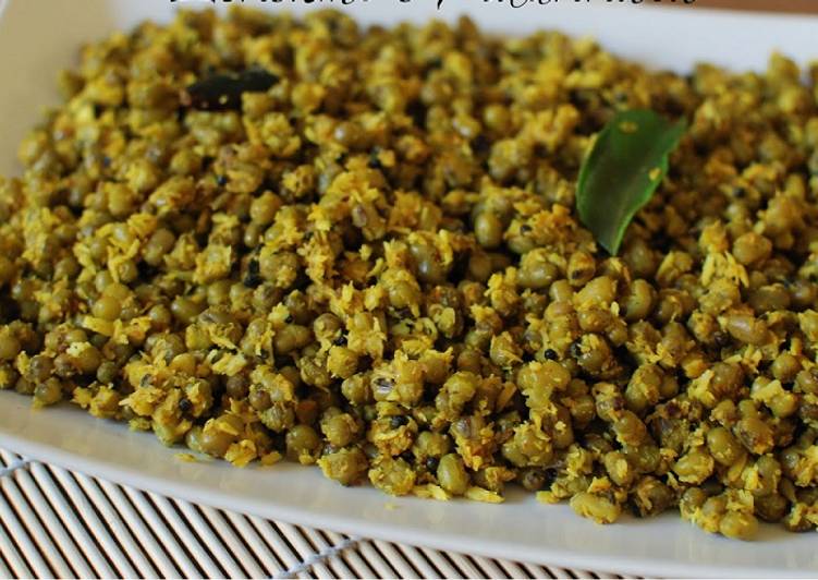 Recipe of Ultimate Cherupayar Thoran (Green gram) with coconut without oil