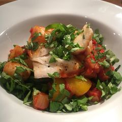 A picture of Cod, chorizo and potato.