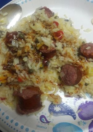 A picture of Barbecue Sausages and Rice.