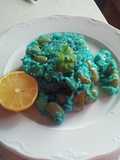 Arroz con alubias y rabas...azul...especial niños