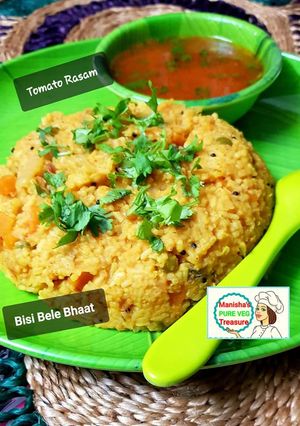 A picture of Bisibele Bhaat With Tomato Rasam - South Indian One Pot Meal - Lunch / Dinner.