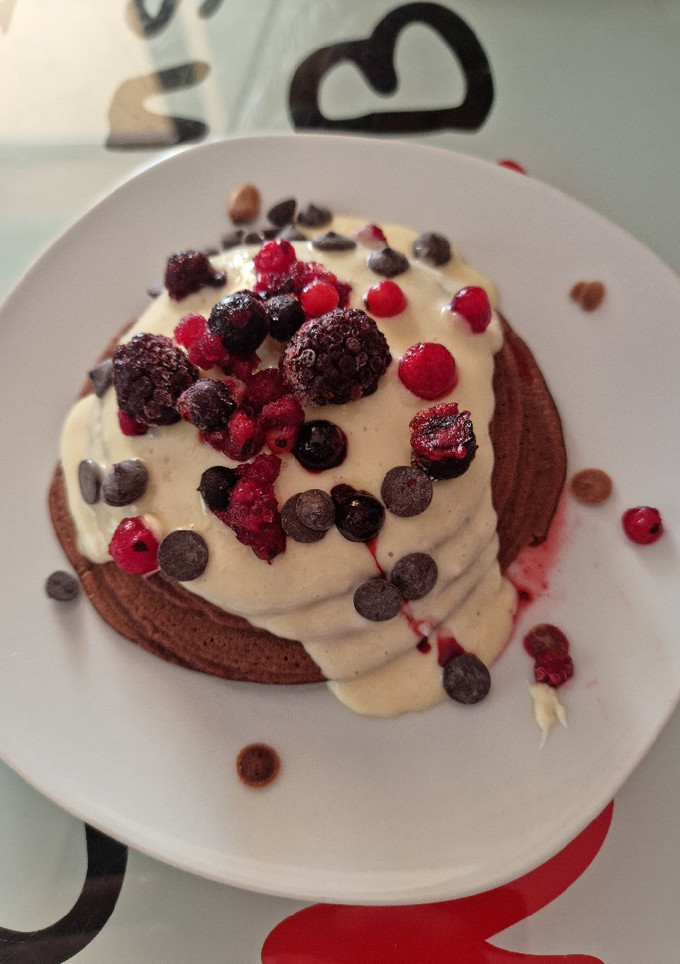 Una foto de Tortitas de avena brownie y chocolate 🍫 😋