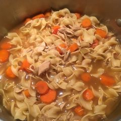 A picture of Chicken Noodle Soup from leftover roast chicken.