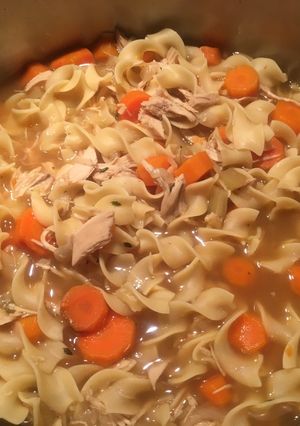 A picture of Chicken Noodle Soup from leftover roast chicken.