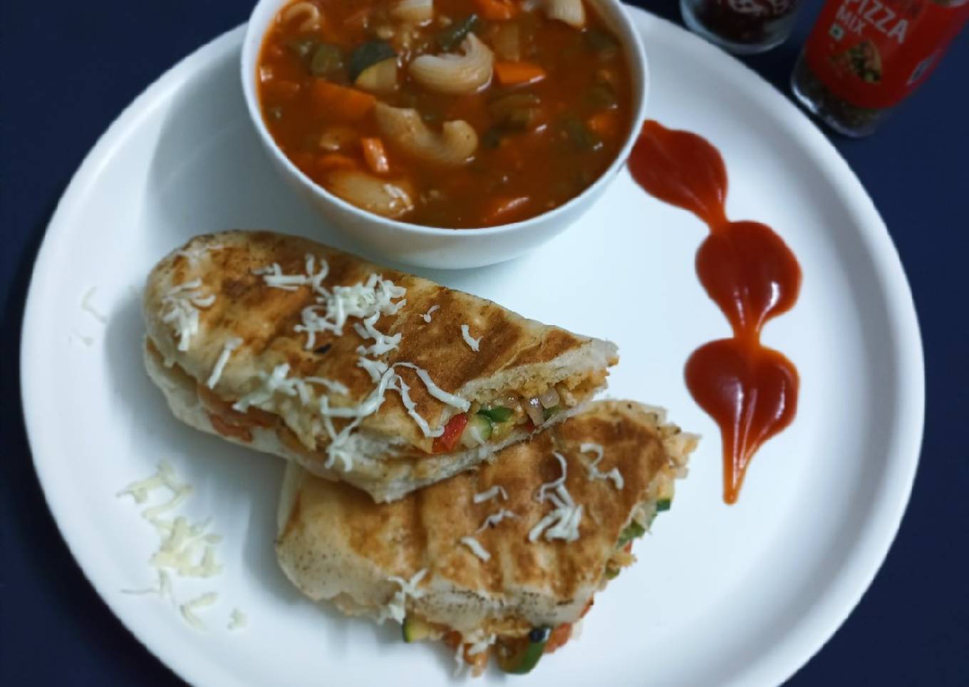 Veg panini sandwich and minestrone soup