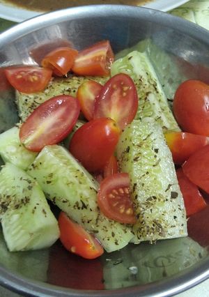 A picture of Quick Cucumber and Cherry Tomato Salad 🥒🍅.
