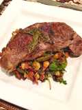 Sirloin steak with Balsamic glazed brussels sprouts with bacon, cranberry, walnut and blue cheese