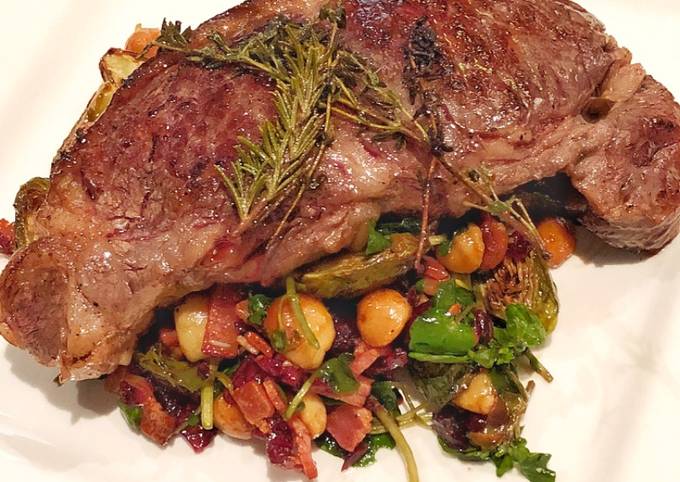 Sirloin steak with Balsamic glazed brussels sprouts with bacon, cranberry, walnut and blue cheese