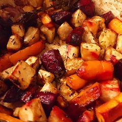 A picture of Roast Celeriac, Carrot and Beetroot.
