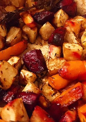 A picture of Roast Celeriac, Carrot and Beetroot.