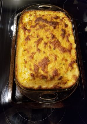 A picture of Debnam: shrimp macaroni and cheese.