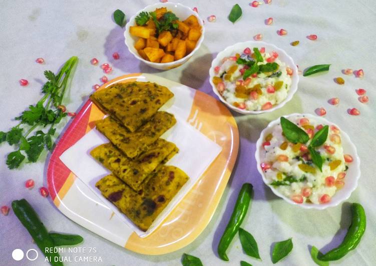 Curd Rice with Potato fry and Palak Roti Thepla