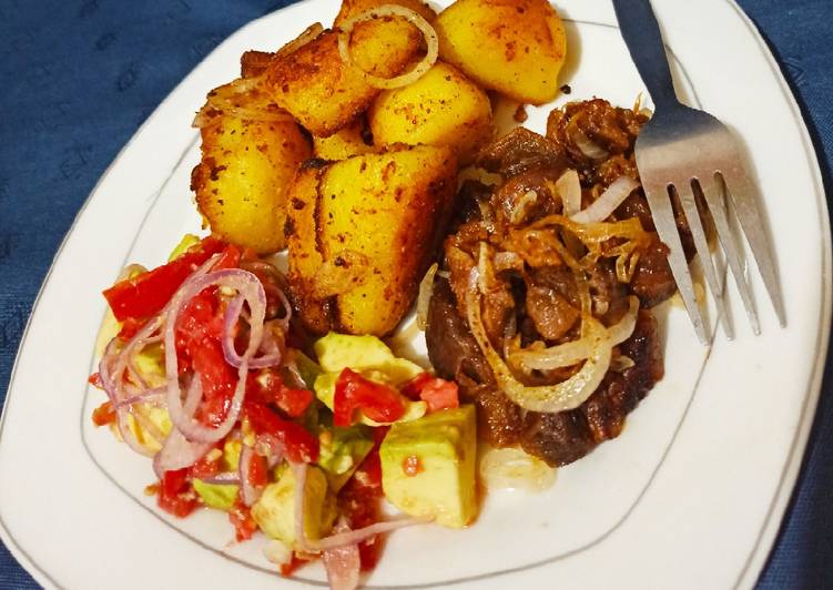 Recipe of Favorite Pan roasted potatoes…..served with pan fried goat meat