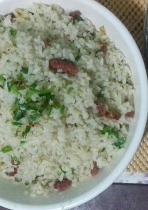 A picture of Fried Rice Chorizo & Spring Onions.
