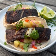A picture of Monster of the Sea Tacos with Ananas Cosmosus Salsa – Scottish halibut and pineapple tacos.