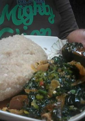 A picture of Easy Breezy Ugwu and Okra soup paired with Eba.