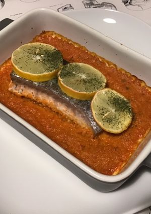 Une photo de Filets de saumon à la crème de poivrons,citron et aneth