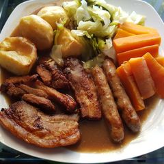 A picture of Belly pork and Pork Sausage Roast. 😘.